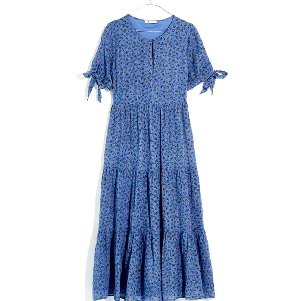 Size S Blue Madewell Tie-Sleeve Tiered Midi Dress in Calico Floral